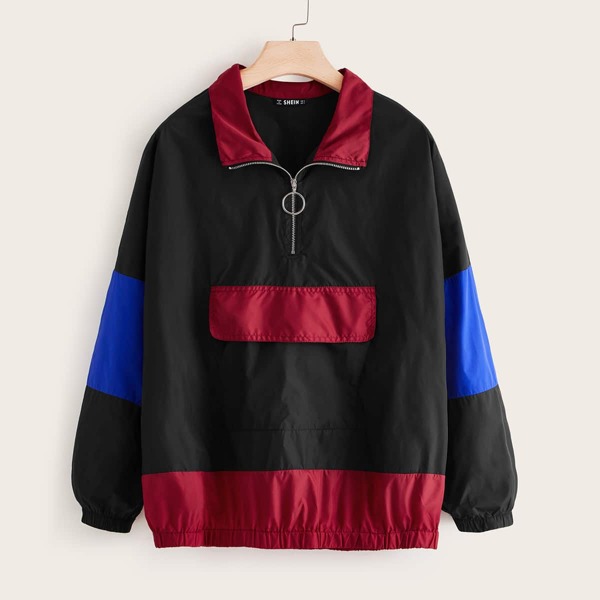 

Plus O-ring Zip Front Colorblock Windbreaker Jacket, Black