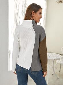 SHEIN Turtleneck Split Hem Color Block Sweater - Multicolor - View 2