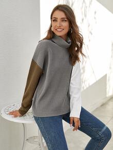SHEIN Turtleneck Split Hem Color Block Sweater - Multicolor - View 5
