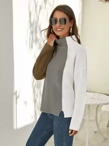SHEIN Turtleneck Split Hem Color Block Sweater - Multicolor - View 1