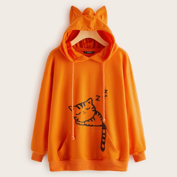 

Neon Orange Cat Print Pocket Front Ear Hoodie, Orange bright