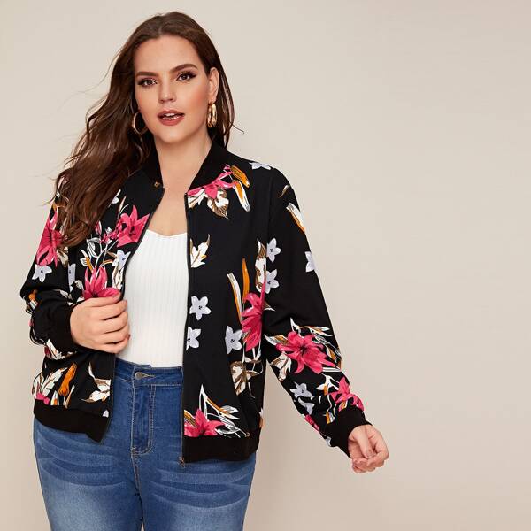 

Plus Floral Print Zipper Up Bomber Jacket, Multicolor