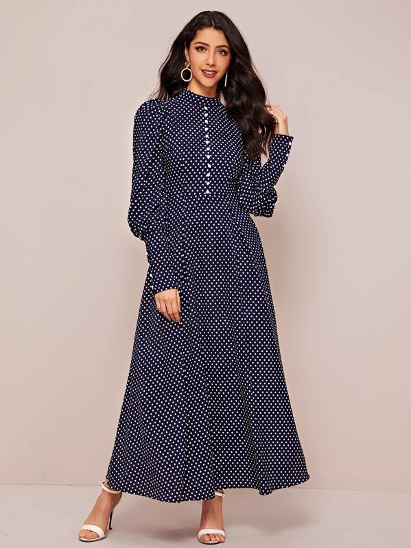 

Polka Dot Button Detail Gigot Sleeve Dress, Navy, Taina