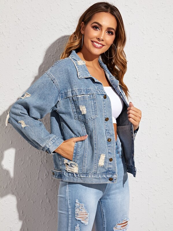 

Ripped Button Through Denim Jacket, Blue, Giulia