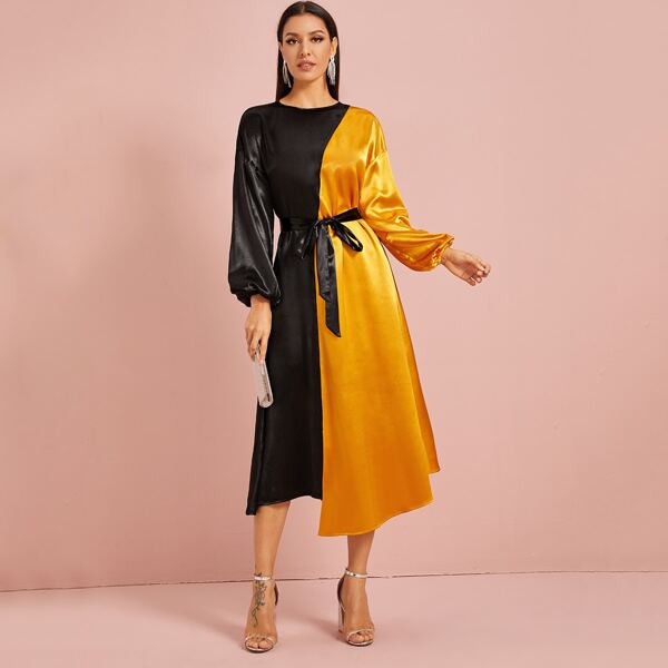 

Двухцветное атласное платье с оригинальным рукавом и поясом, Многоцветный