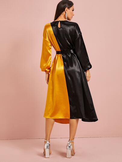 Two Tone Lantern Sleeve Belted Satin Dress