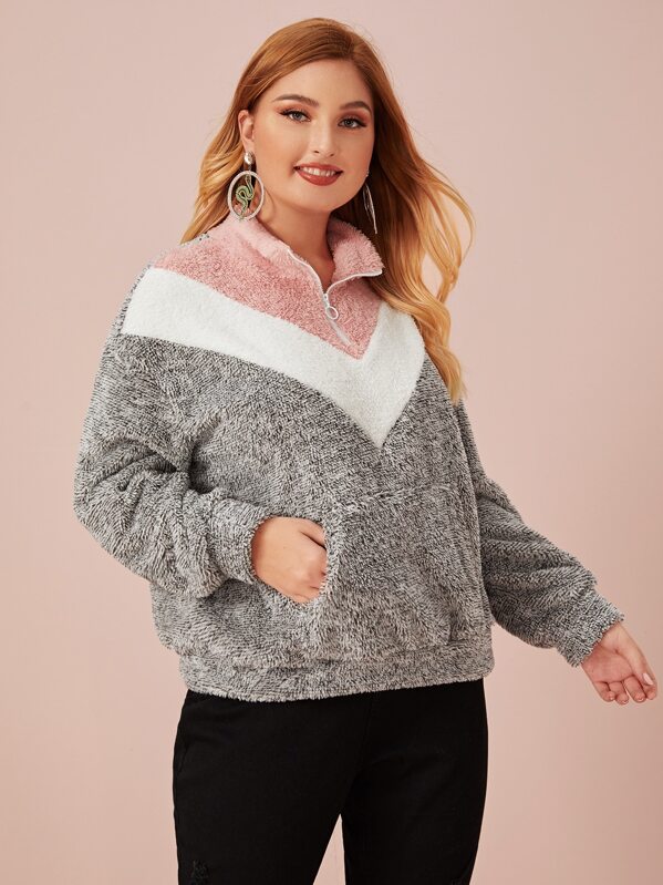 

Plus Drop Shoulder Colorblock Half Zipper Teddy Pullover, Multicolor, Nora