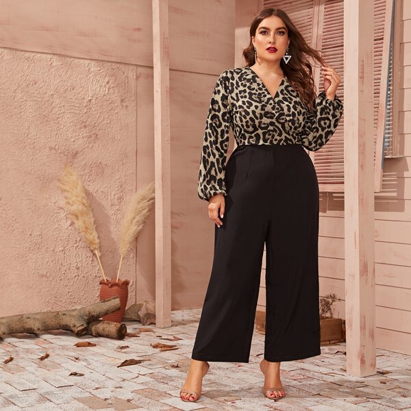 

Plus Leopard Wide Leg Combo Jumpsuit, Multicolor