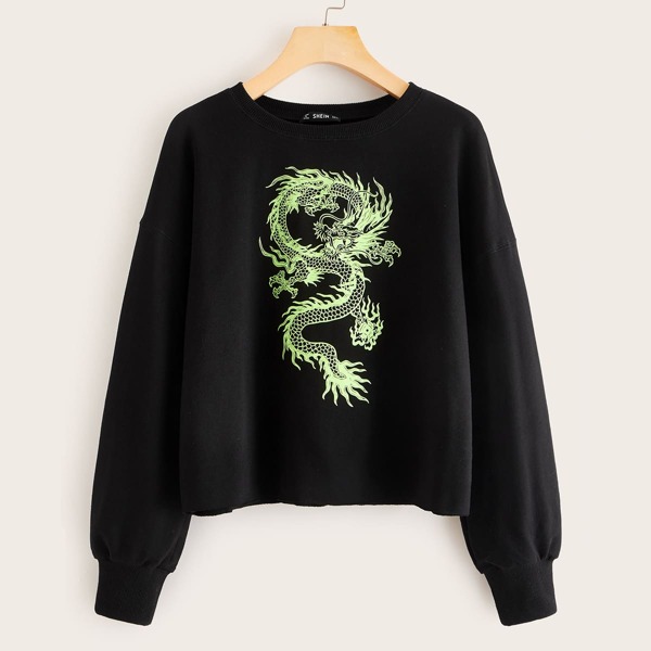

Drop Shoulder Dragon Print Pullover, Black
