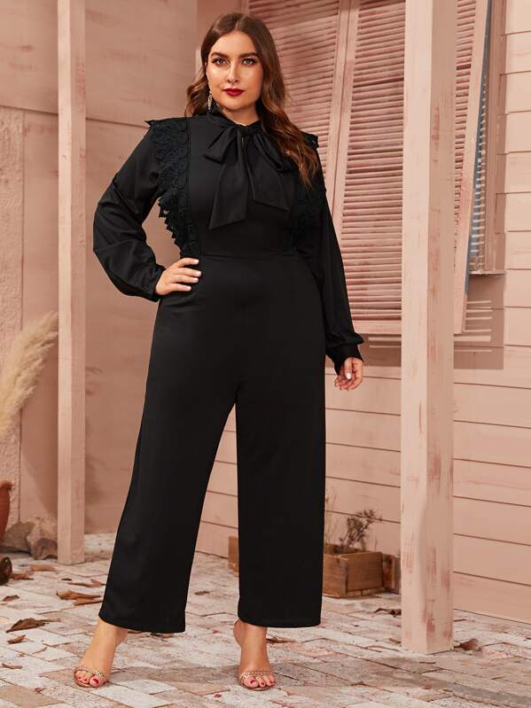 

Plus Tie Neck Contrast Guipure Lace Wide Leg Jumpsuit, Black, Franziska