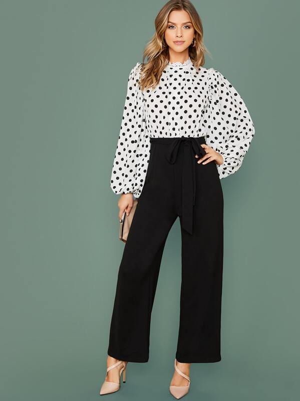 

Lace Trim Neck Lantern Sleeve Pleated Front Combo Jumpsuit, Black and white, Marina Laswick