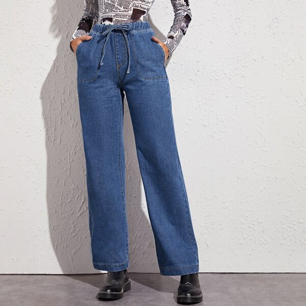 

Drawstring Waist Pocket Side Straight Jeans, Blue