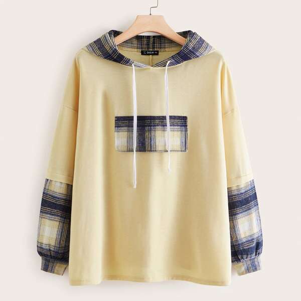 

Plus Plaid Panel Hoodie, Beige pastel