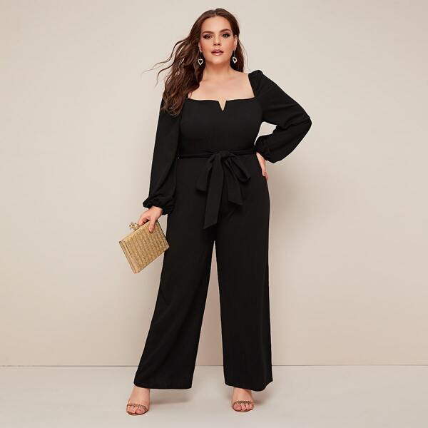 

Plus Bishop Sleeve Belted Jumpsuit, Black