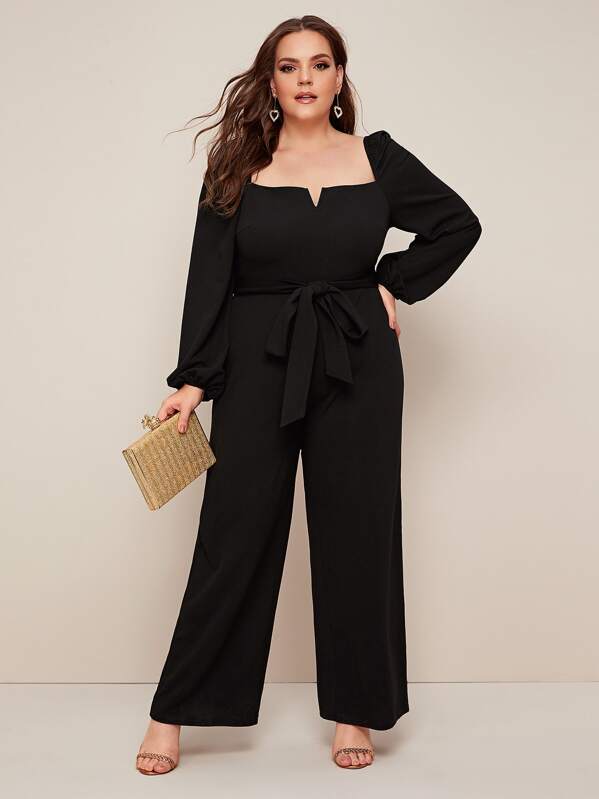 

Plus Bishop Sleeve Belted Jumpsuit, Black, Ella