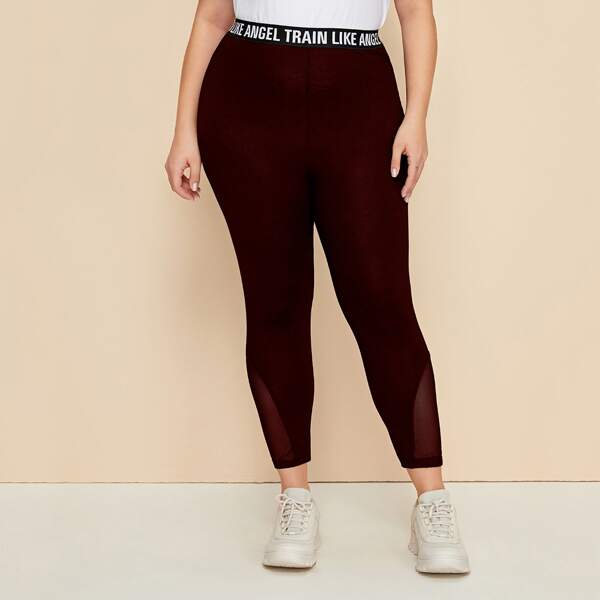 

Plus Slogan Graphic Waist Mesh Insert Leggings, Burgundy