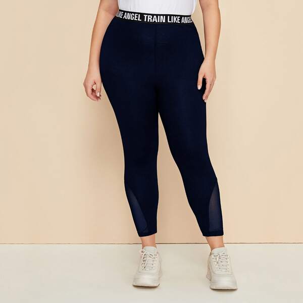 

Plus Slogan Tape Waist Mesh Insert Leggings, Navy