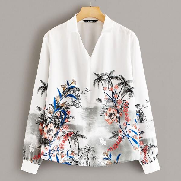 

Premium Collared Landscape Print Blouse, Multicolor