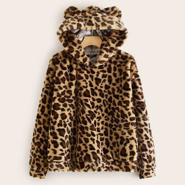 

Leopard Print Teddy Hoodie With Ears, Multicolor