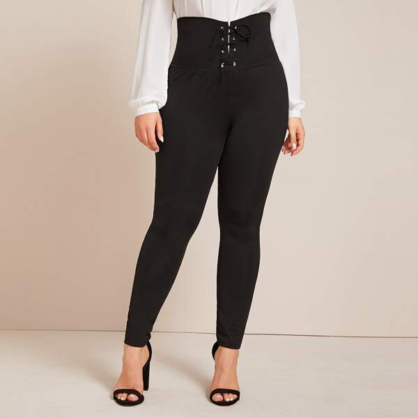 

Plus Grommet Lace Up Waistband Leggings, Black
