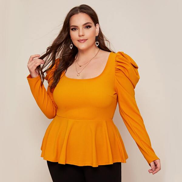 

Plus Gigot Sleeve Peplum Top, Yellow bright