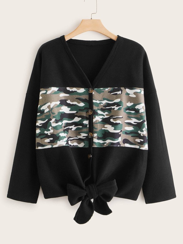 

Plus Button Front Camo Print Knot Hem Sweater, Black