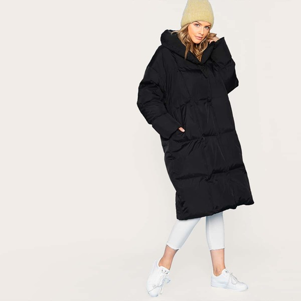 

Pocket Detail Shawl Collar Puffer Coat, Black