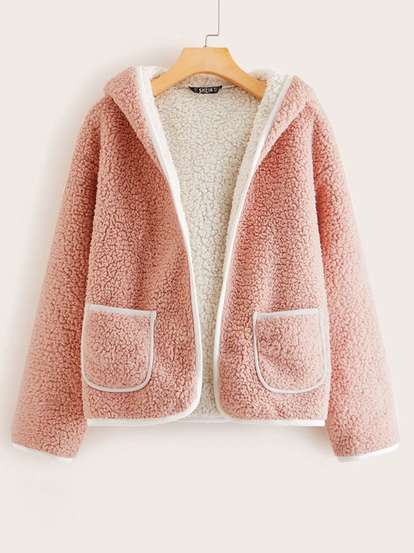 

Contrast Binding Pocket Front Hooded Teddy Coat, Pink, Anna Herrin