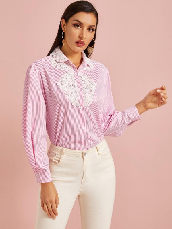 

Lantern Sleeve Contrast Lace Striped Blouse, Pink, ZulcarD