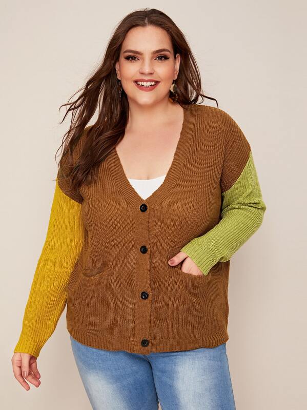 

Plus Button Front Colorblock Sleeve Cardigan, Brown, Ella