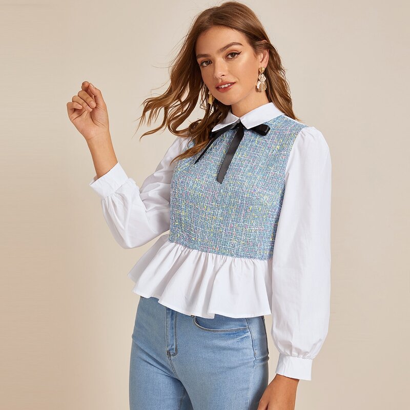 

Contrast Bow Detail Mixed Media Peplum Blouse, Multicolor