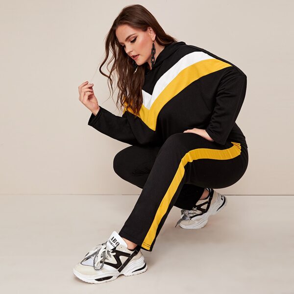 

Plus Contrast Panel Chervon Hoodie With Pants, Black