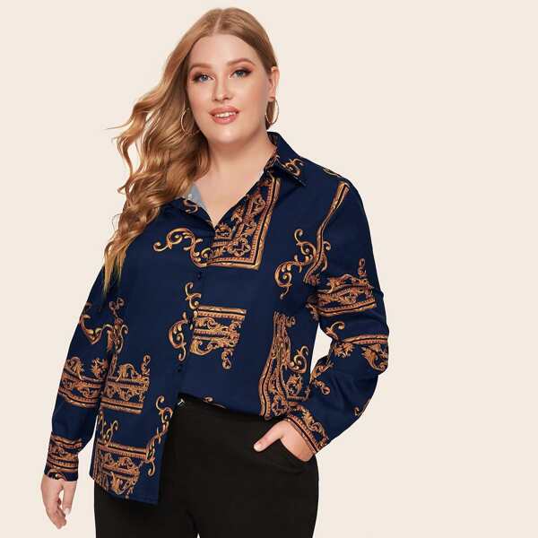 

Plus Baroque Print Blouse, Navy