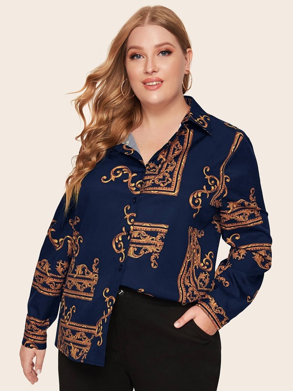 

Plus Baroque Print Blouse, Navy, Stanis