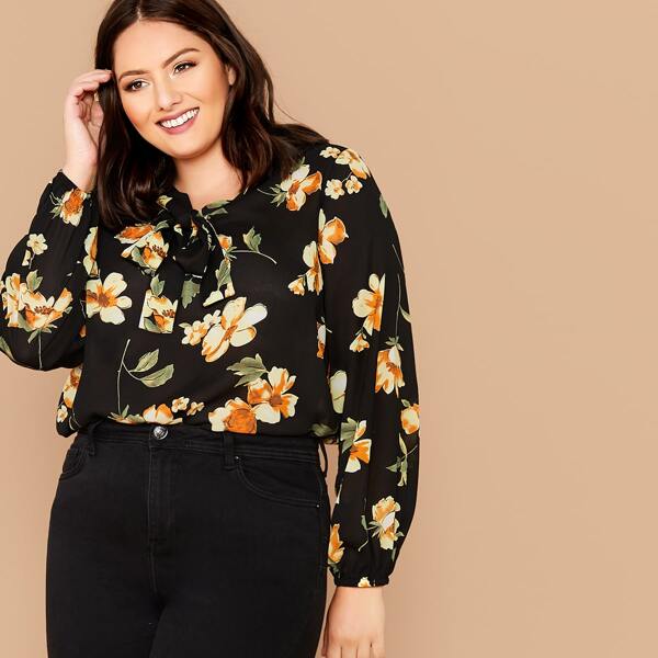 

Plus Tie Neck Floral Print Blouse, Black