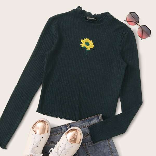 

Sunflower Embroidered Lettuce Edge Rib-knit Tee, Green