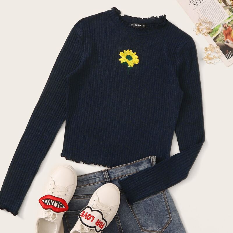 

Embroidered Sunflower Lettuce Edge Rib-knit Tee, Navy