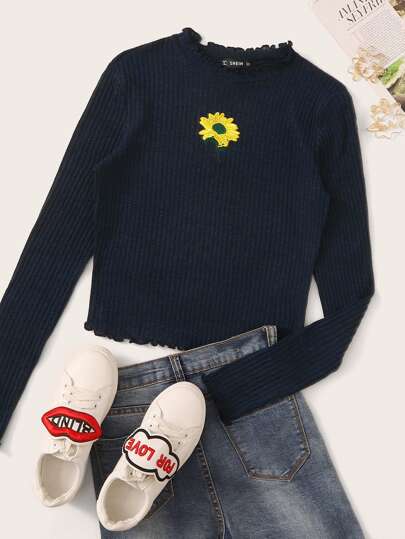 Embroidered Sunflower Lettuce Edge Rib-knit Tee