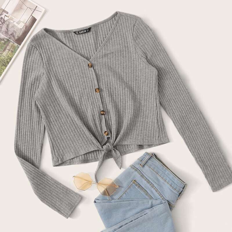 

Button Front Knot Hem Rib-knit Top, Grey