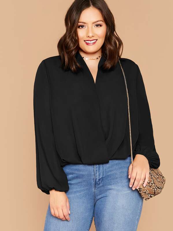 

Plus Draped Hem Lantern Sleeve Blouse, Black, Marcelle Pallais