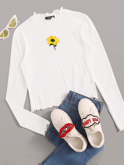 Camiseta tejida de canalé ribete en forma de lechuga con bordado de girasol
