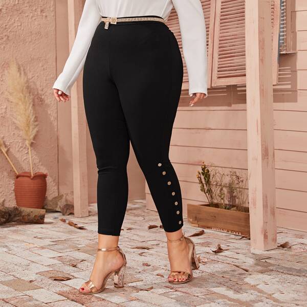 

Plus High Waist Button Detail Pants Without Belt, Black