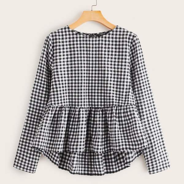 

Plus Gingham Print Peplum Top, Black and white
