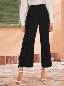 SHEIN Unity 寬帶腰誇張荷葉邊褲子 - 黑色 - 查看 2