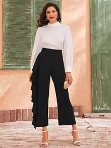 SHEIN Unity 寬帶腰誇張荷葉邊褲子 - 黑色 - 查看 3