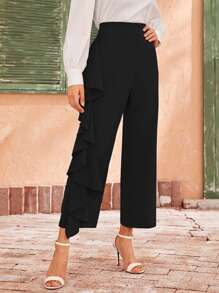 SHEIN Unity 寬帶腰誇張荷葉邊褲子 - 黑色 - 查看 5