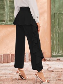 SHEIN Unity 寬帶腰誇張荷葉邊褲子 - 黑色 - 查看 1