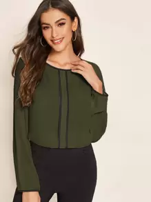 SHEIN Clasi Contrast Binding Keyhole Back Top - Army Green - View 1