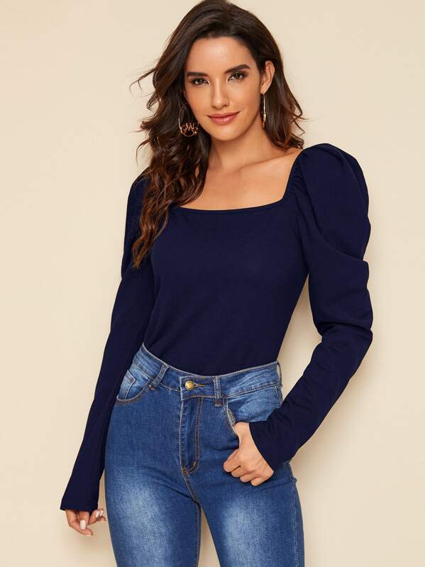 Gigot Sleeve Solid Tee, Navy, Juliana