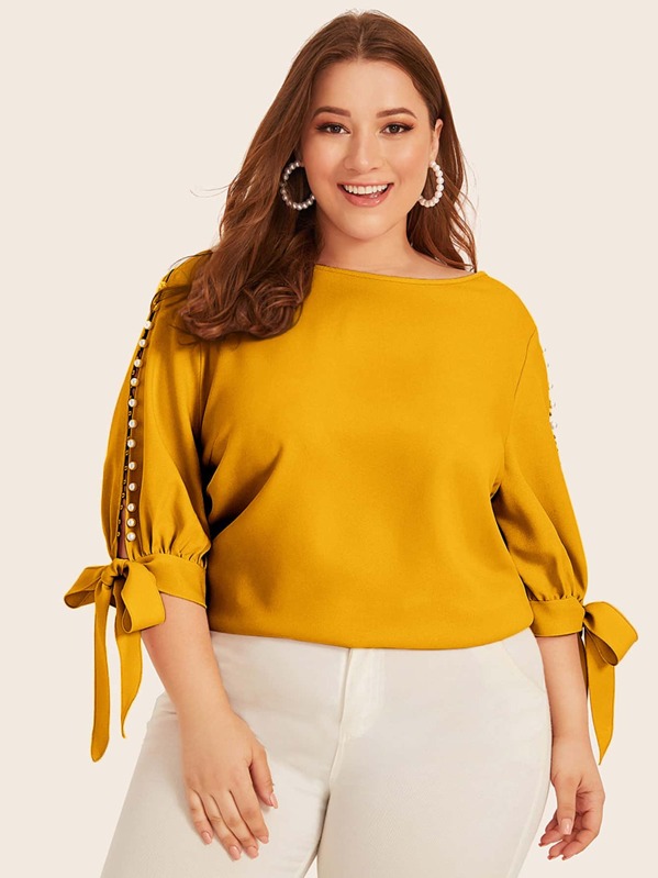 

Plus Pearls Beaded Split Knot Sleeve Blouse, Yellow, Ray